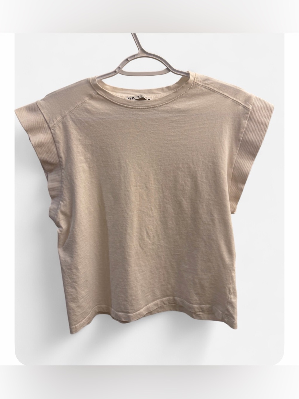 Zara Off White Ribbed Cuff Sleeve T-Shirt Size S